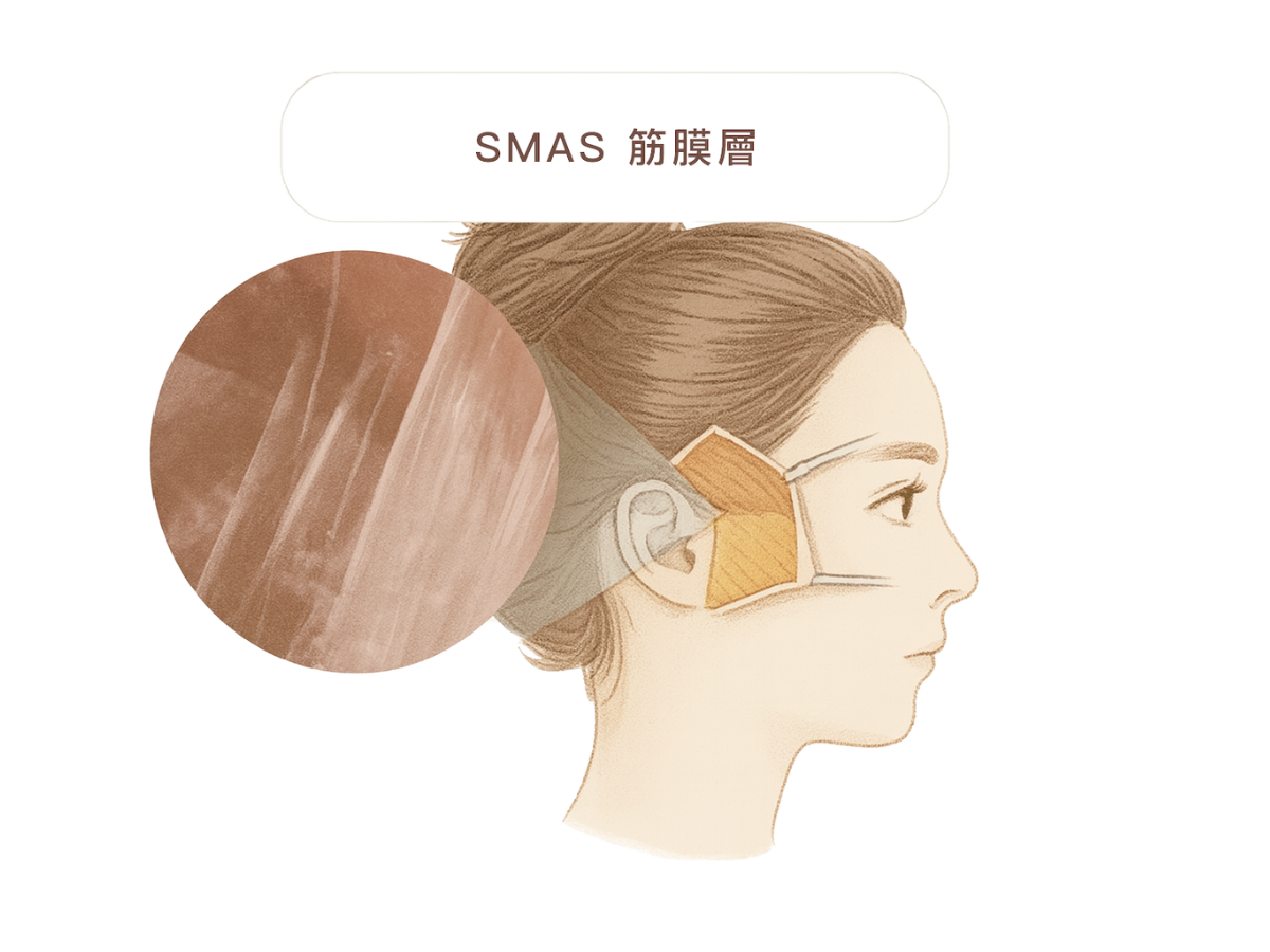最關鍵的就是位於皮膚深層的 SMAS「筋膜層」（Superficial Muscular Aponeurotic System），它是影響臉部輪廓下垂的重要因素之一。